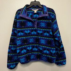 L.L. Bean VTG Women's Snap Vibrant Fleece Pullover Aztec Blue Purple Ski Size M